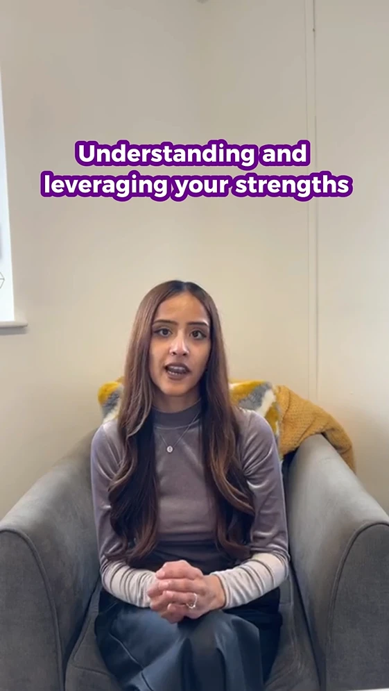 Woman sitting on chair with subtitle "Understanding and leveraging your strengths".
