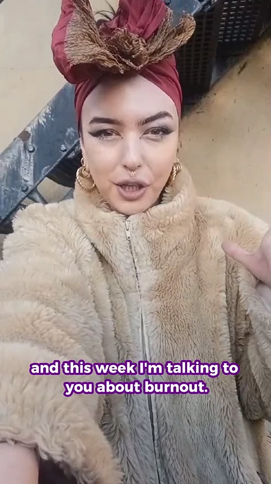 Woman in headscarf with words "and this week I'm talking to you about burnout."