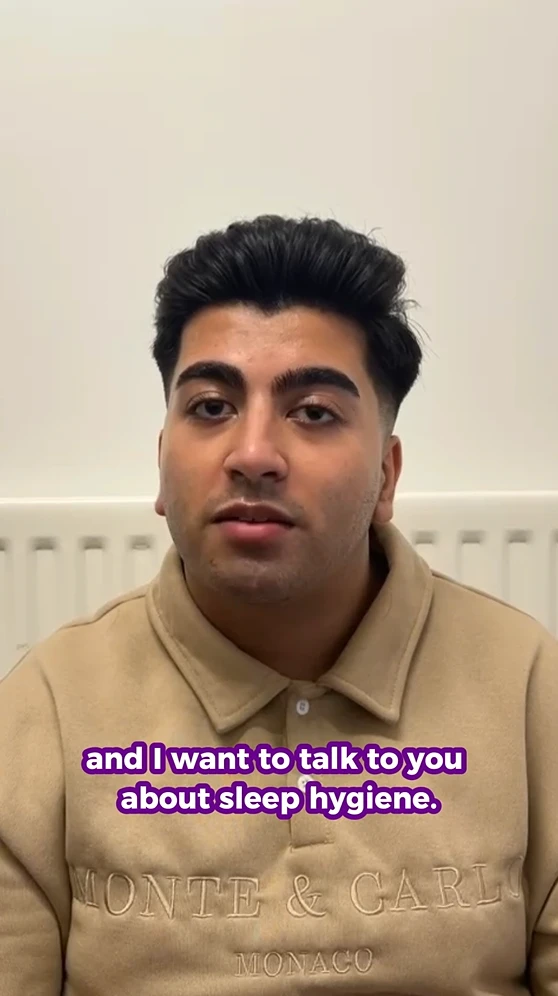Young man with words "and I want to talk to you about sleep hygiene".